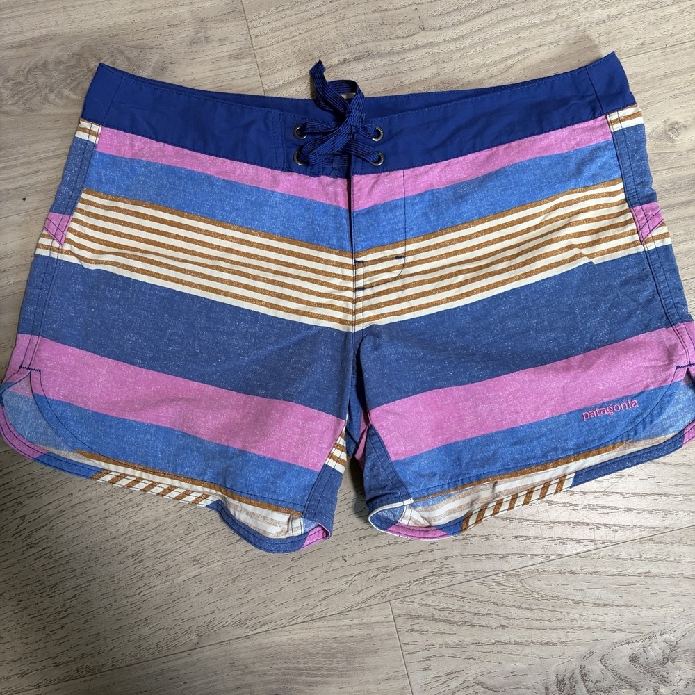 Patagonia Womens Striped Board Shorts Blue Pink Tan Size 6 Beach Swim Activewear